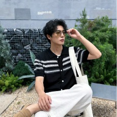 夏季经典条纹撞色短袖POLO衫男士翻领商务休闲透气针织开衫外套潮