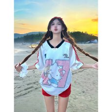 美式运动风条纹拼接短袖球衣T恤女夏季透气网眼kitty猫印花上衣