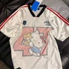 美式运动风条纹拼接短袖球衣T恤女夏季透气网眼kitty猫印花上衣