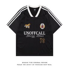 美式复古撞色黑粉v领短袖t恤女夏季宽松休闲半袖条纹上衣球衣