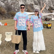 批发美式复古字母印花球衣风短袖<b class='q'>T</b><b class='q'>恤</b>女夏季宽松设计感镂空透气V领上衣