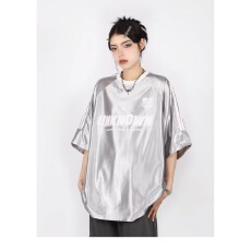 批发2026夏季新品美式复古插肩袖织带拼接字母印花宽松圆领短袖情侣装