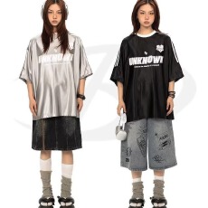 批发2026夏季新品美式复古插肩袖织带拼接字母印花宽松圆领短袖情侣装