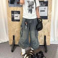 批发美式复古水洗七分牛仔<b class='q'>裤</b>廓形中性风皱褶设计感休闲阔腿中<b class='q'>裤</b>夏季