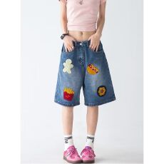 批发美式牛仔短<b class='q'>裤</b>男女夏季薄款新款潮牌宽松直筒休闲五分中<b class='q'>裤</b>子刺绣