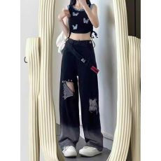 批发黑色破洞牛仔<b class='q'>裤</b>女夏季新款美式复古设计感宽松休闲直筒阔腿长<b class='q'>裤</b>子