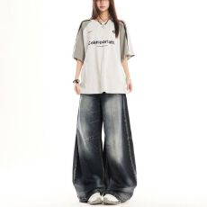 批发复古重工水洗阔腿牛仔<b class='q'>裤</b>男女新款做旧宽松休闲垂感长<b class='q'>裤</b>