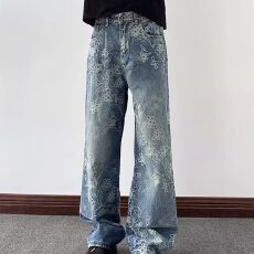 批发中式复古刺绣提花牛仔阔腿裤<b class='q'>女</b>宽松大码显瘦小众设计感阔脚<b class='q'>裤</b>