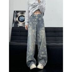 批发美式复古提花牛仔裤男<b class='q'>女</b>秋季新款设计感ins潮牌宽松直筒休闲<b class='q'>长裤</b>
