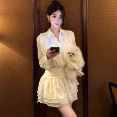 批发春秋绝美穿搭<b class='q'>雪纺</b>白色收腰连衣裙子女2025早秋新款小个子<b class='q'>套装</b>短裙