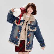 批发美式复古毛绒拼接牛仔外套女秋<b class='q'>冬</b>新款宽松加厚水洗棉服