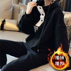 批发秋冬新款加绒加厚200斤<b class='q'>大码</b>休闲<b class='q'>运动服</b>套装女宽松连帽两件套