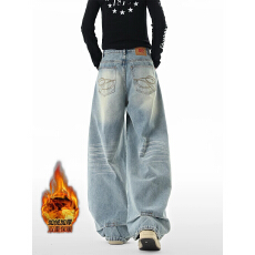 批发加绒加厚美式高街水洗牛仔裤女冬季<b class='q'>休闲</b>弯刀裤宽松阔腿情侣长裤子
