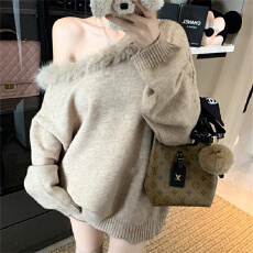 批发套装慵懒风露肩辣妹女秋冬斜肩毛毛领针织毛衣卷边短裤两件套