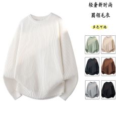 批发复古日系纯色百搭圆领毛衣打底衫男秋季宽松百搭针织上衣