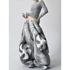 批发2025新款冬季喷漆印花休闲裤女宽松显瘦百搭直筒阔腿长裤子