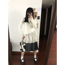 1*1德绒蕾丝拼接德绒打底衫女秋冬修身别致长袖t恤内搭外穿上衣