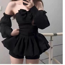 批发气球熊辣妹抹胸设计感<b class='q'>连衣裙</b>纯欲收腰显瘦<b class='q'>一字肩</b>蓬蓬花苞短裙