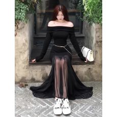 批发黑色网纱一字肩连衣裙女秋季纯欲气质辣妹小个子修身显瘦<b class='q'>长</b>袖<b class='q'>长</b><b class='q'>裙</b>