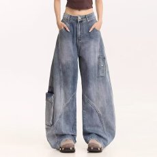 批发新款复古水洗做旧弯刀<b class='q'>牛仔裤</b>男<b class='q'>女生</b>宽松直筒休闲阔腿拖地裤潮