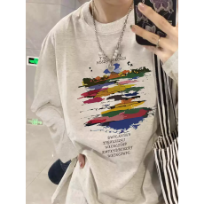 批发260克纯棉春秋新款<b class='q'>男</b>女长袖圆领T恤 印花 宽松休闲慵懒风纯棉上衣