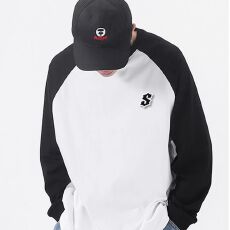 批发高质量 精梳紧密 重磅纯棉 大写S印花拼接插肩男女长袖<b class='q'>T</b><b class='q'>恤</b>