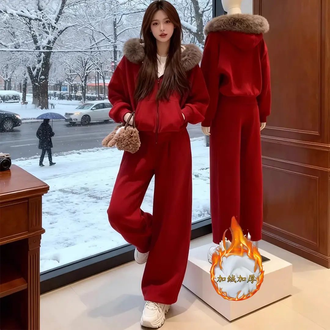 MY17465# 高级感时尚新款加绒显瘦外套女休闲套装阔腿裤两件套女裝貨源...