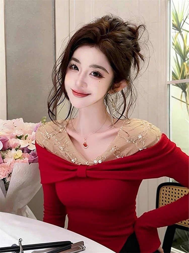 MY17476# 1*1莫代尔韩系蝴蝶结一字肩长袖T恤辣妹蕾丝拼接收腰上衣...