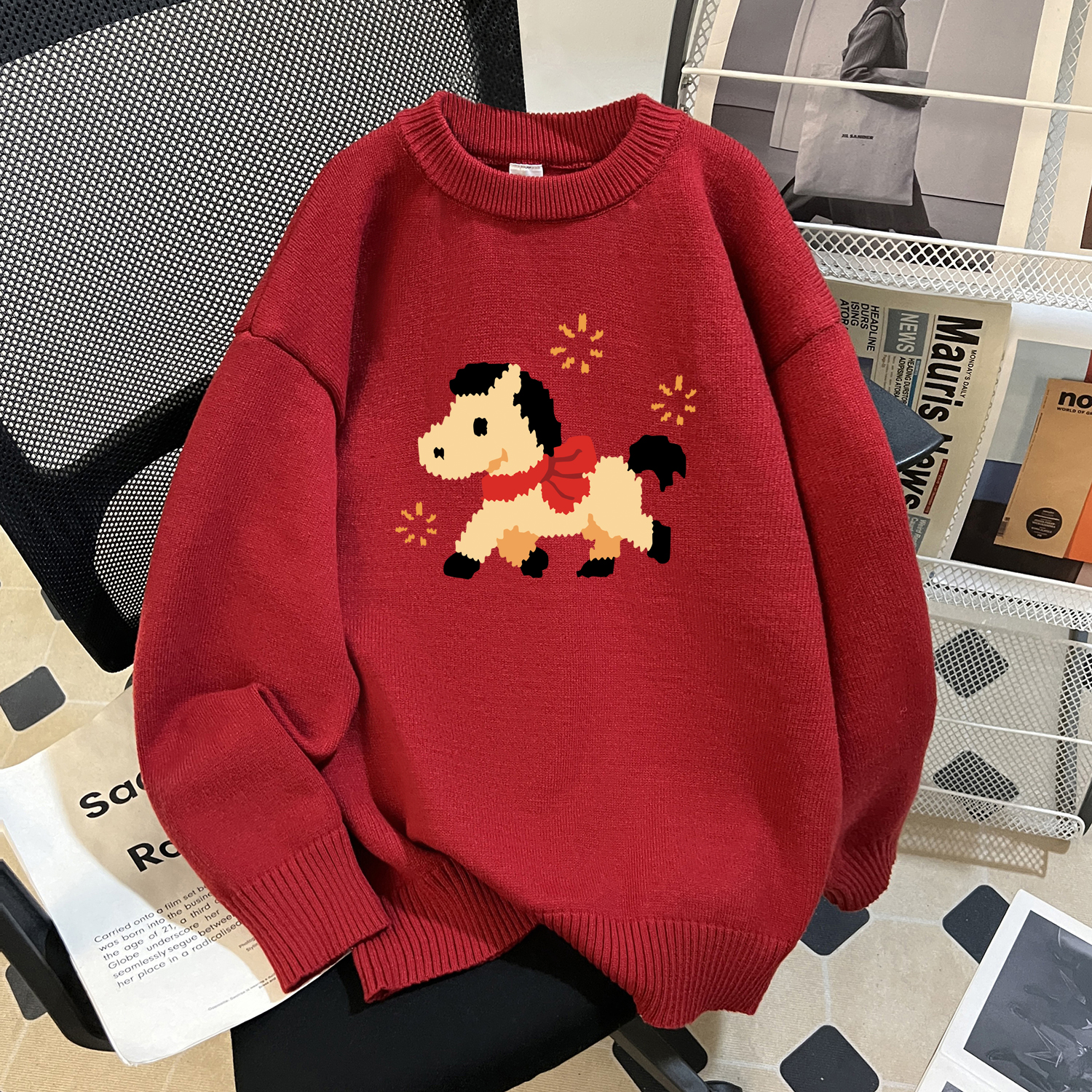 MY17472# 毛衣印花大码M-4XL300斤秋冬宽松针织男女情侣同款女...