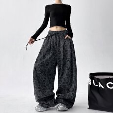 批发酷飒蚂蚁腰果印花<b class='q'>阔腿裤女</b>2026春夏新款胖mm显瘦个性慵懒风休闲裤