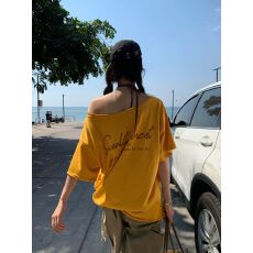 批发美式辣妹 19支220克100%纯棉短袖T恤女夏季斜肩印花露肩上衣