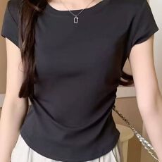 批发正肩40支纯棉罗纹95棉5氨纶 法式上衣女夏短袖小个子修身T恤洋气