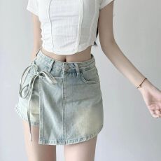 批发不规则设计感辣妹高腰绑带包臀牛仔半身裙裤女夏季新款a字短裙子