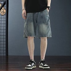 批发美式复古牛仔短裤男2025夏季新款宽松直筒中裤痞帅浅色大码五分裤