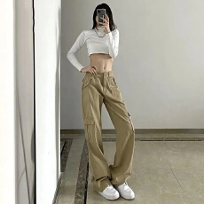 批发欧美雅痞工装风高腰直筒牛仔裤女街头复古卡其色阔腿显瘦休闲裤子