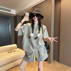 批发夏季洋气减龄休闲运动套装女俏皮可爱灰色短袖T恤短裤两件套