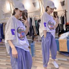 批发特<b class='q'>大码</b>300斤夏季印花短袖T恤+宽松休闲哈伦裤两件套女