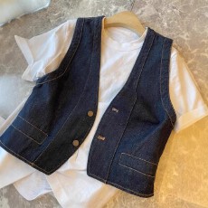 批发老钱风复古撞色V领<b class='q'>牛仔</b><b class='q'>马甲</b>女春秋薄款开衫小个子休闲<b class='q'>背心</b>外套潮