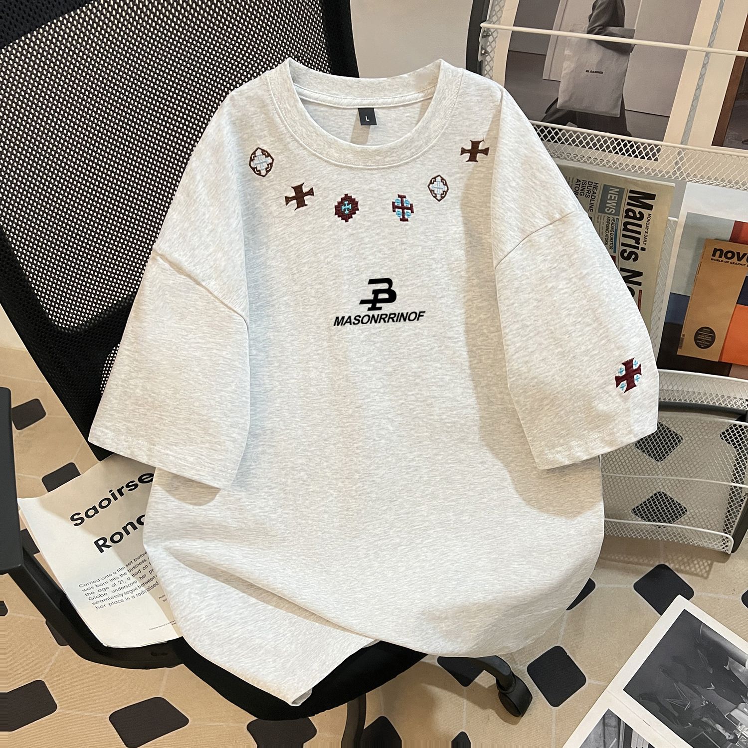 RY4353# 实拍 重磅刺绣+印花280克双纱纯棉短袖t恤男女同款情侣