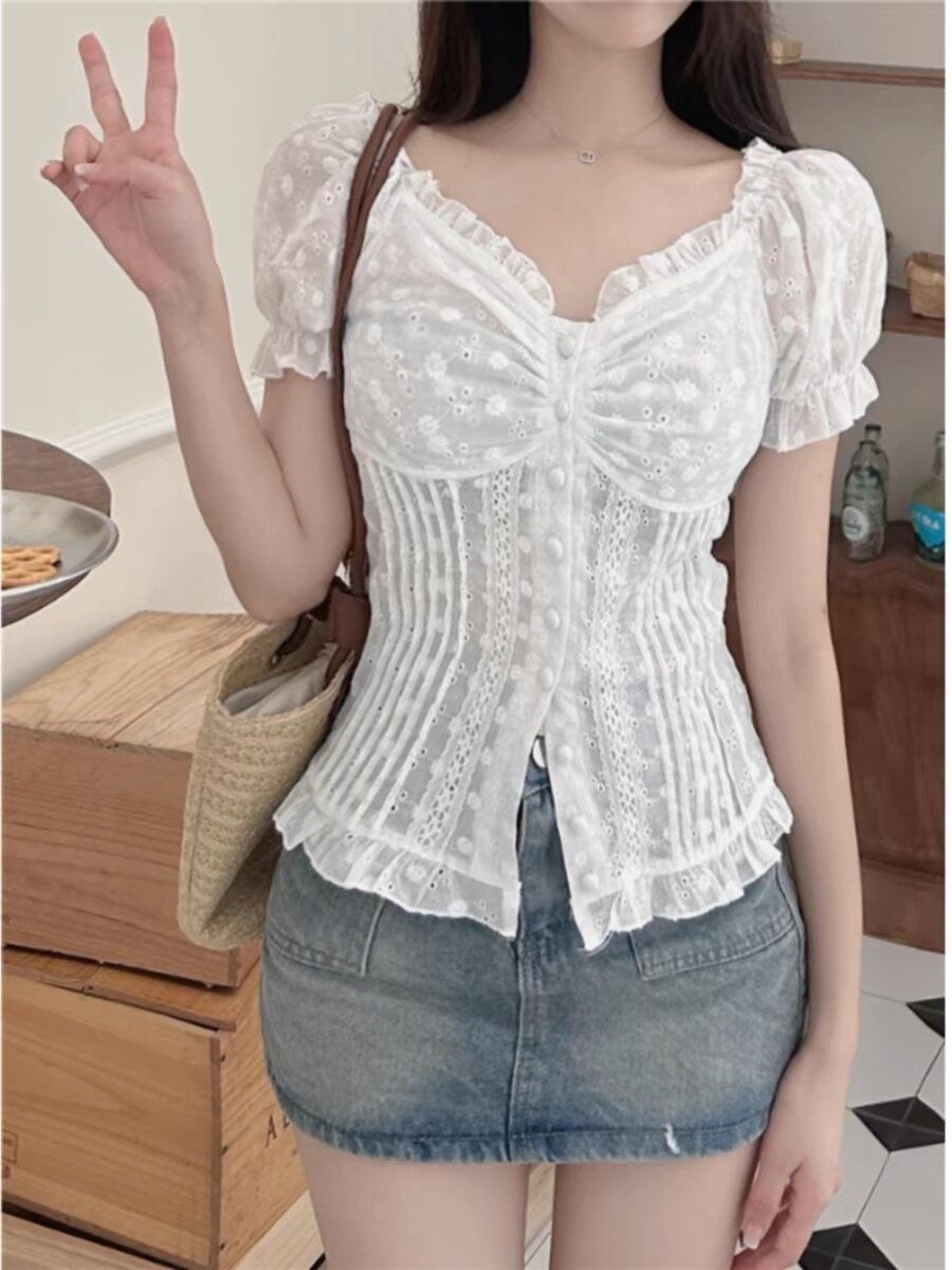 RY4364# 女装温柔风甜美减龄白色蕾丝衬衣上衣2026夏季新款荷叶边衬...