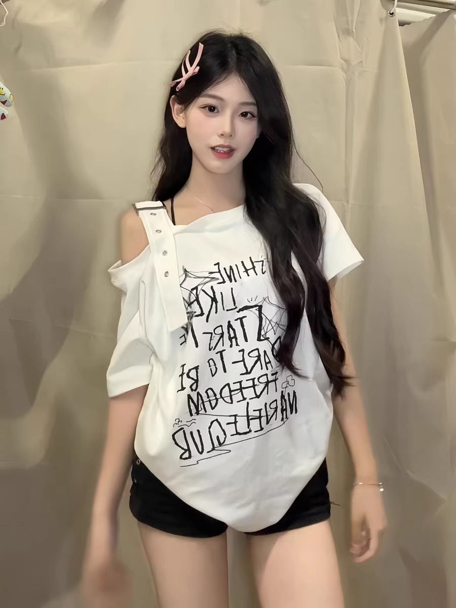 RY4357# 纯棉美式复古创意印花斜肩短袖T恤女夏季宽松显瘦露肩上衣in...