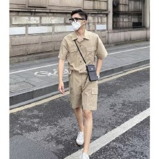 批发工装套装男<b class='q'>夏</b>季新款宽松短袖衬衫男士短裤连体一套时尚百搭套装