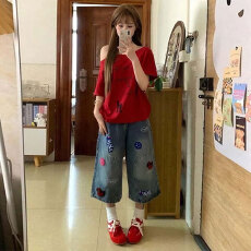 批发大码胖mm高腰个性刺绣宽松七分裤牛仔裤女<b class='q'>夏</b>季新款阔腿遮肉直筒裤