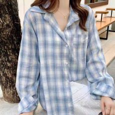 批发慵懒风蓝色格子Polo领衬衫外套女夏薄新款韩系宽松休闲长袖衬衣