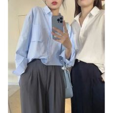 批发简约气质纯色长袖Polo领衬衫女夏季慵懒风气质宽松防晒衬衣外套