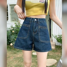 批发别致口袋设计高级感高腰牛仔短裤子女夏季外穿薄款显瘦a字版梨形