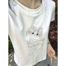 批发韩系甜美风猫咪印花白色<b class='q'>短</b>袖T恤 40支220克92棉8氨纶女修身上衣女