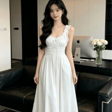 批发法式复古玫红U领吊带长裙子 抽褶收腰显瘦大摆<b class='q'>连衣裙</b>女夏