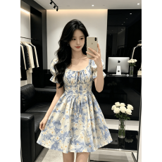批发法式赫本风艺术感森系法式长裙惊艳雾霾蓝方领碎花连衣短裙女夏季