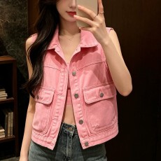 批发大口袋坎肩大码2026夏季新款粉色牛仔<b class='q'>马甲女</b>装外搭无袖短款上衣潮